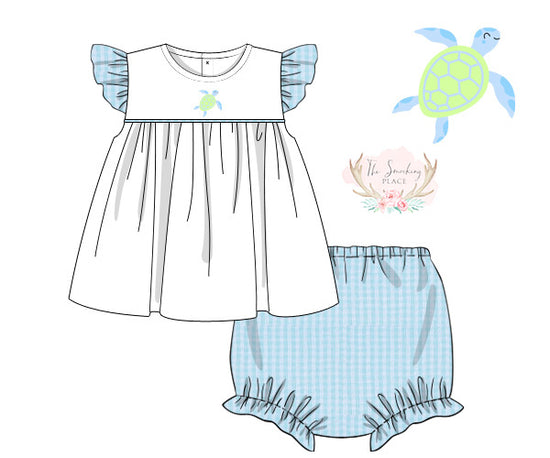 Sea Turtle Embroidered Aqua Seersucker Ruffle Bloomer Set