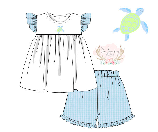 Sea Turtle Embroidered Aqua Seersucker Ruffle Short Set