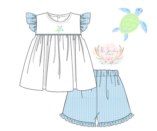 Sea Turtle Embroidered Aqua Seersucker Ruffle Short Set