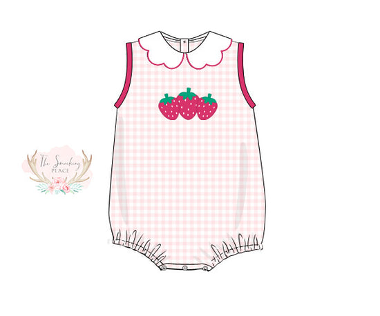 Strawberry Appliqué Pink Gingham Scallop Collar Knit Bubble