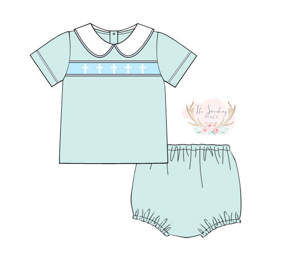 Cross Smocked Seafoam Diaper Set