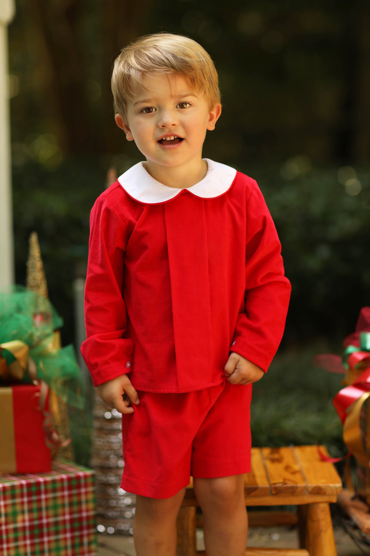 Red Corduroy Pleated Long Sleeve Short Set