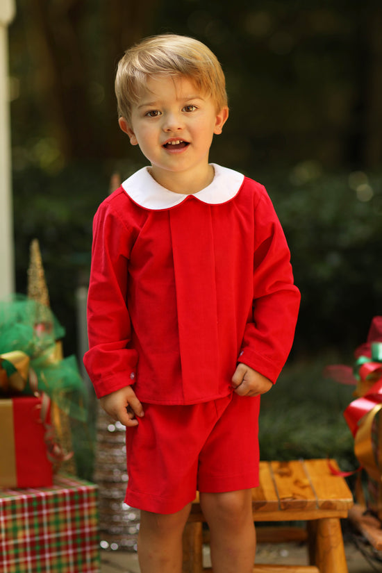 Red Corduroy Pleated Long Sleeve Short Set