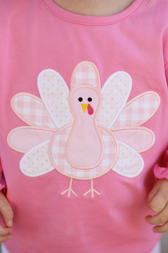 Turkey Applique Pink Gingham Knit Ruffle Legging Set