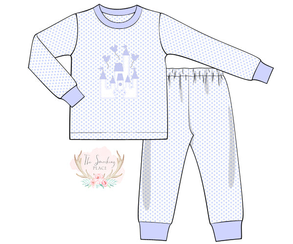 Castle Applique Blue Bitty Dot Blue Trim Knit Pajama Set