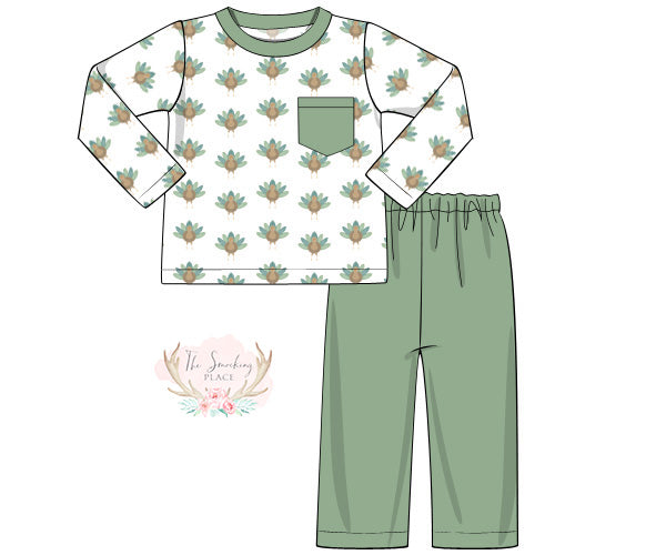 Sage Turkey Print Knit Pant Set