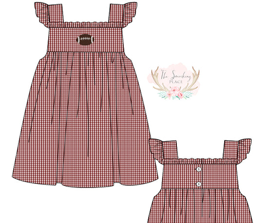 Football French Knot Maroon Gingham Angel Wing Dress