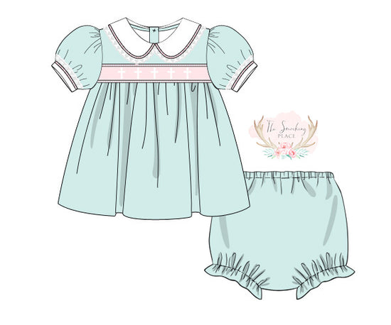 Cross Smocked Seafoam Lace Ruffle Diaper Set