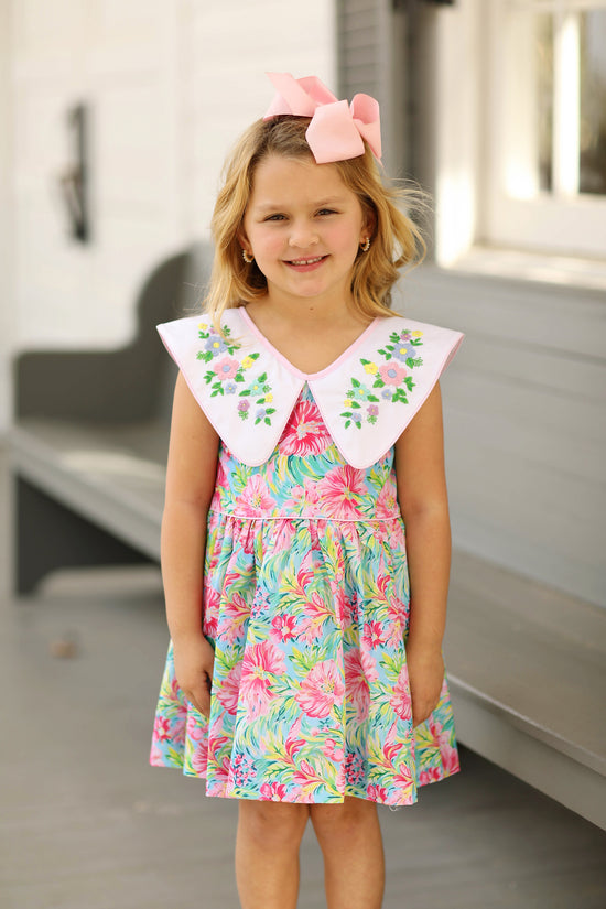 Floral Embroidered Collar Hot Pink Floral Dress