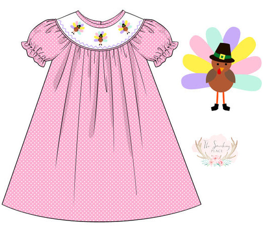 Turkey Smocked Pink Bitty Dot Ruffle Dress