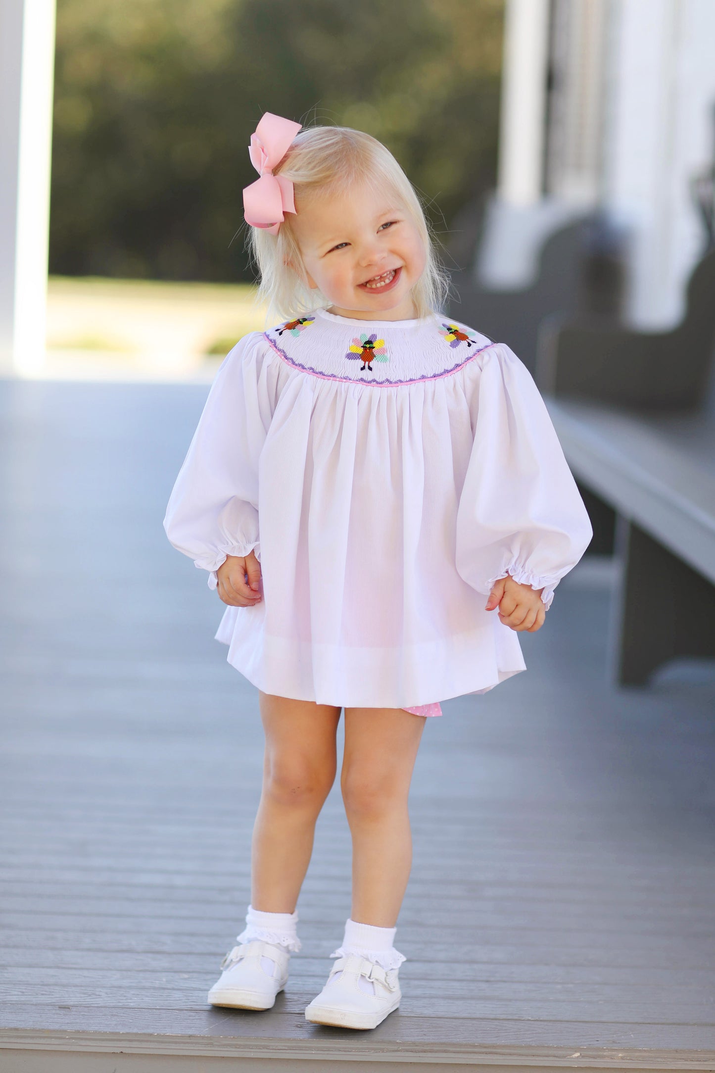 Turkey Smocked Pink Bitty Dot Ruffle Bloomer Set