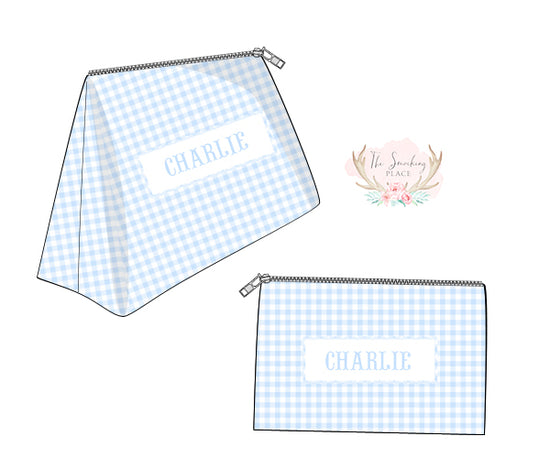 Blue Gingham Cosmetic Bag - EMBROIDERED