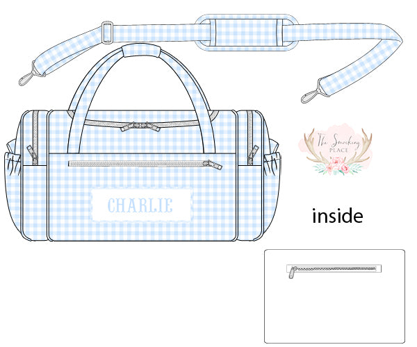 Blue Gingham Duffle Bag - EMBROIDERED