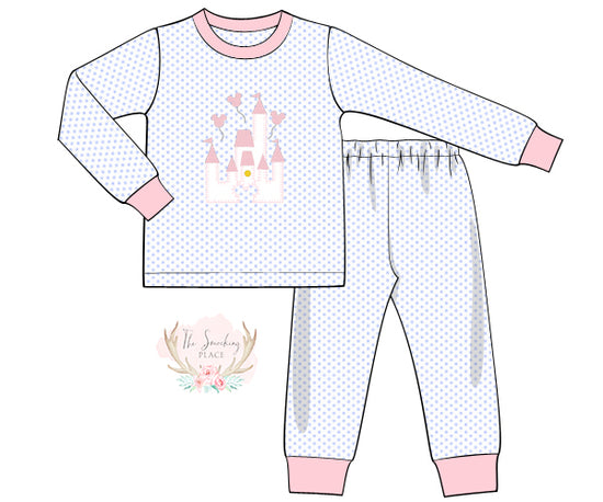 Castle Applique Blue Bitty Dot Pink Trim Knit Pajama Set