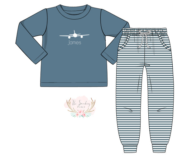 Airplane Embroidered Slate Stripe Knit Jogger Set