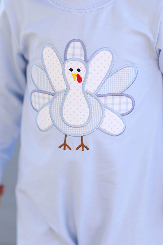 Turkey Applique Blue Knit Romper