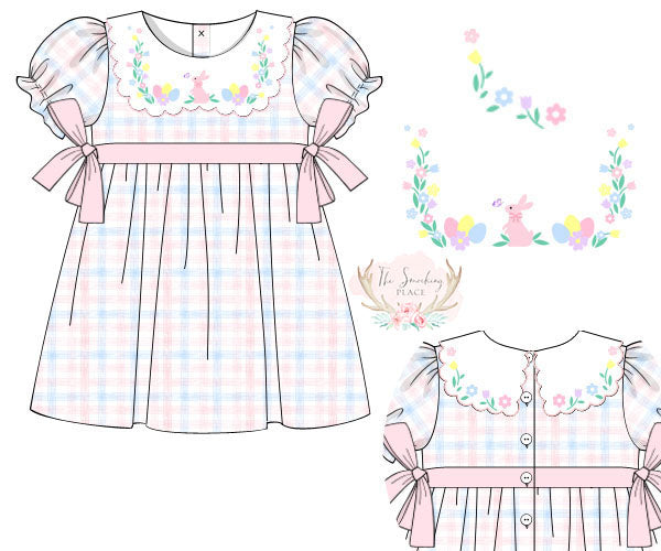 Bunny Floral Embroidered Pastel Plaid Dress