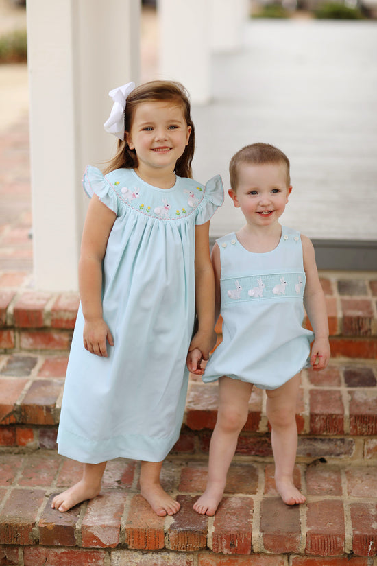 Bunny Smocked Seafoam Angel Wing Bishop Dress