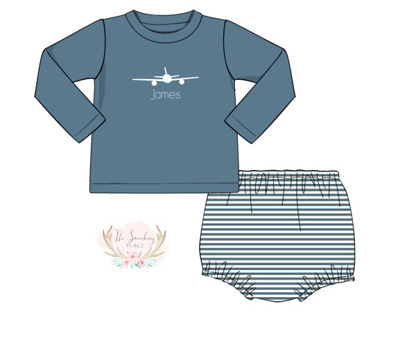 Airplane Embroidered Slate Stripe Knit Diaper Set