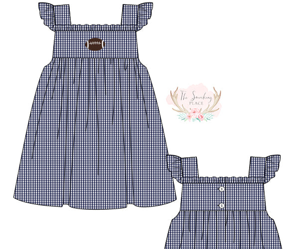Football French Knot Navy Gingham Angel Wing Dress