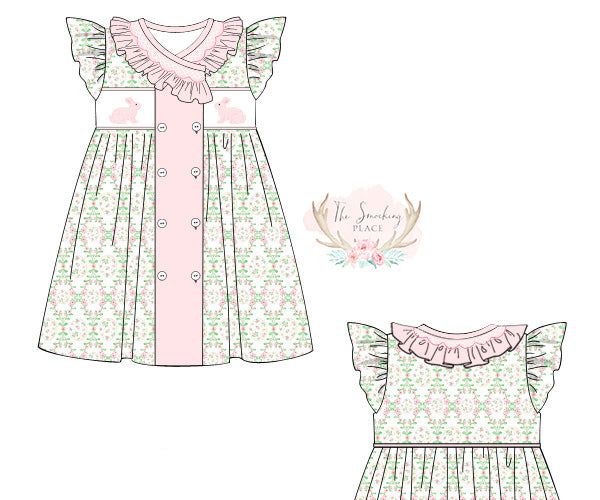 Pink Bunny Embroidered Easter Egg Floral Print Ruffle Dress