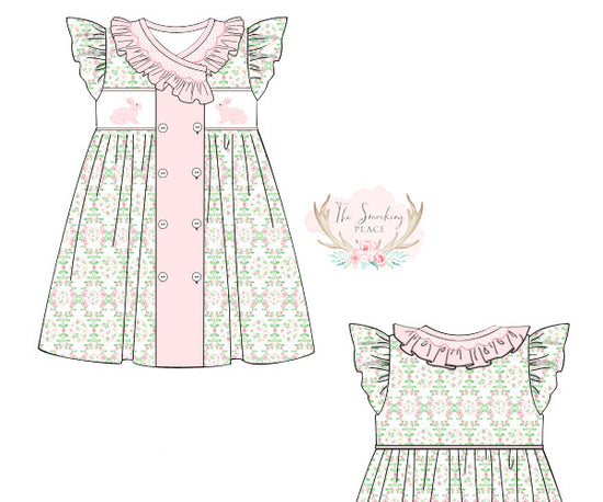 Pink Bunny Embroidered Easter Egg Floral Print Ruffle Dress