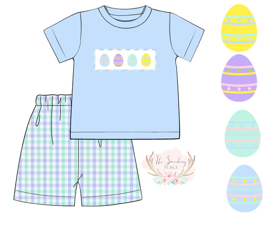 Easter Egg Smocked Blue Plaid Short Set