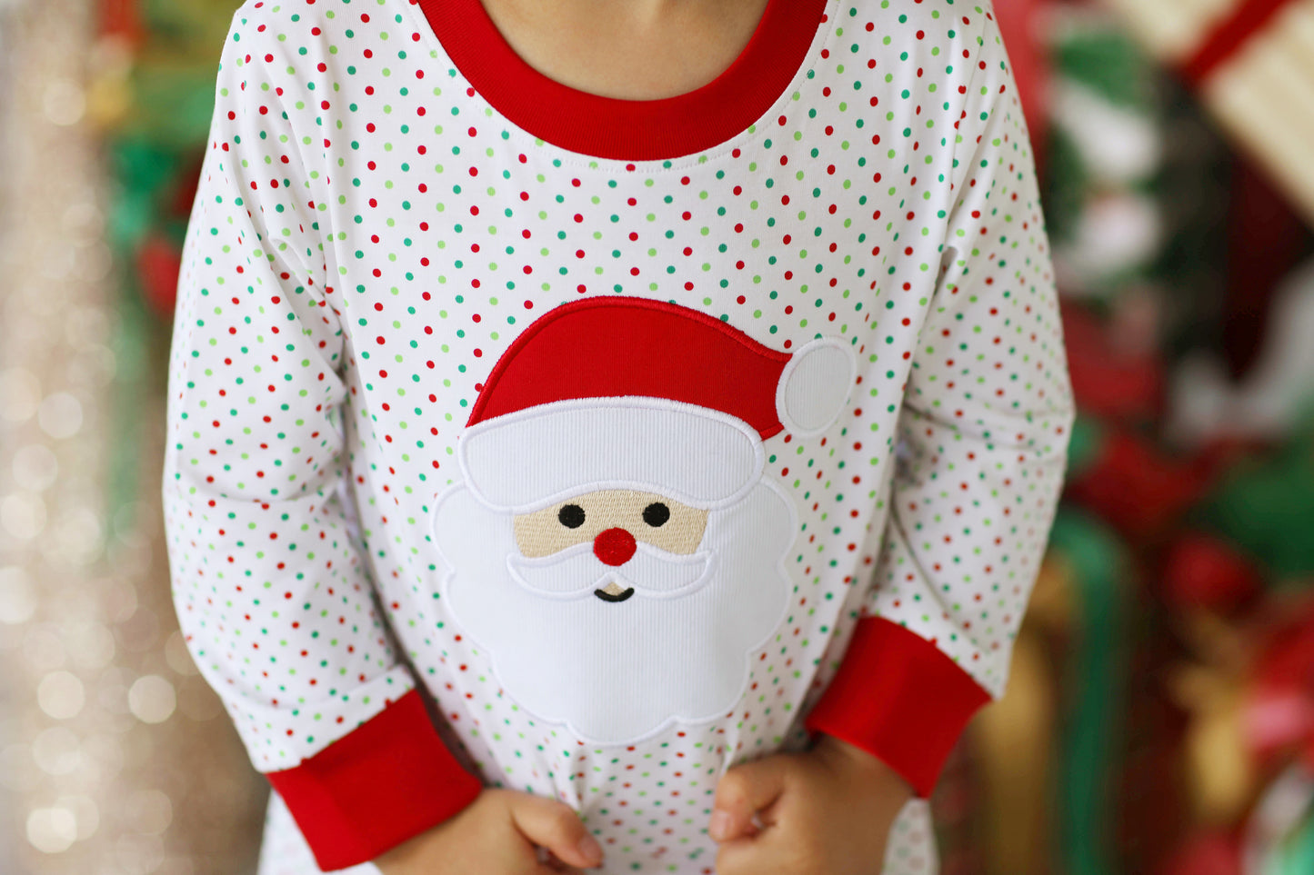 Santa Applique Red Green Bitty Dot Knit Romper