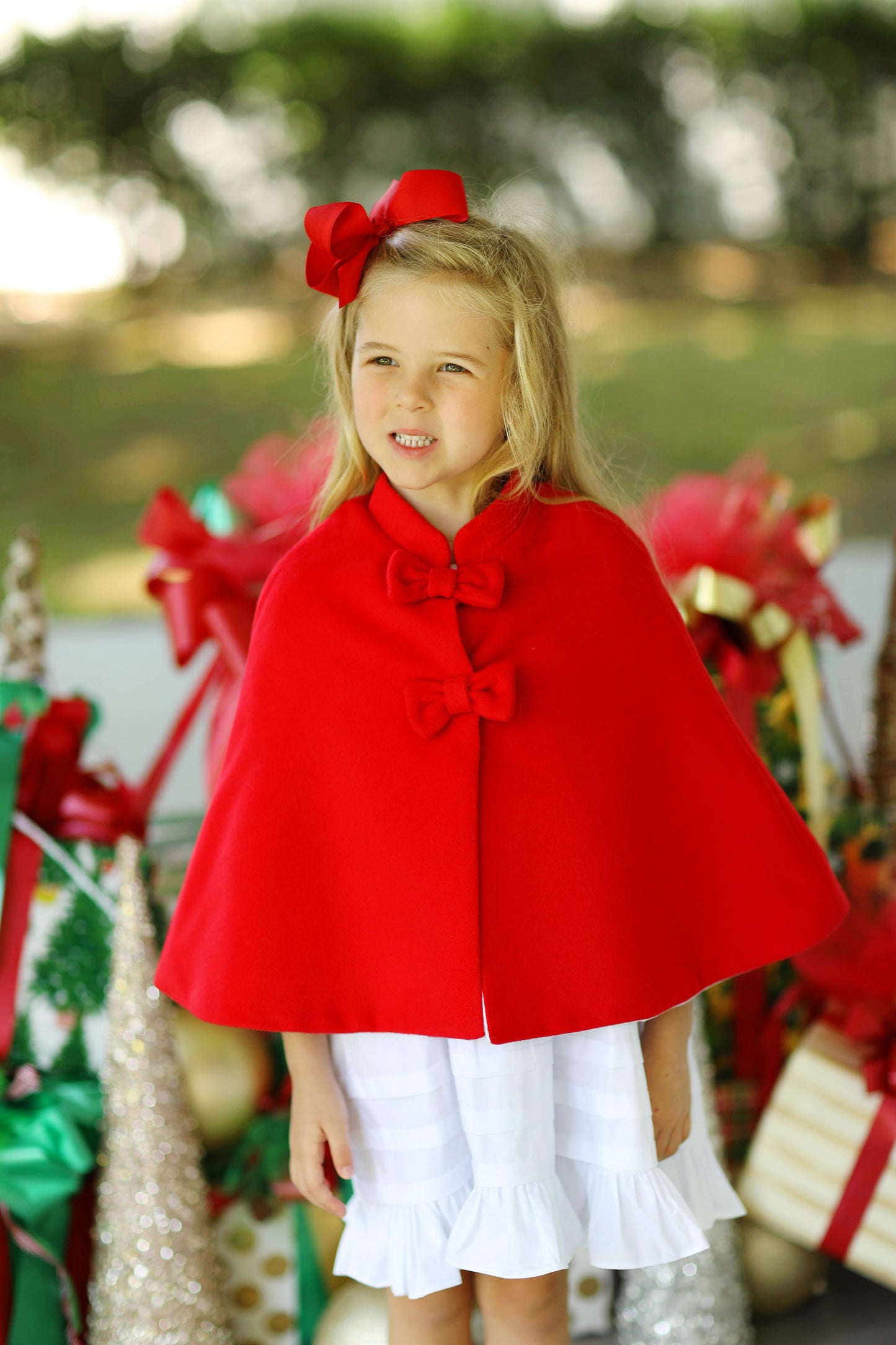 Red Wool Bow Button Cape