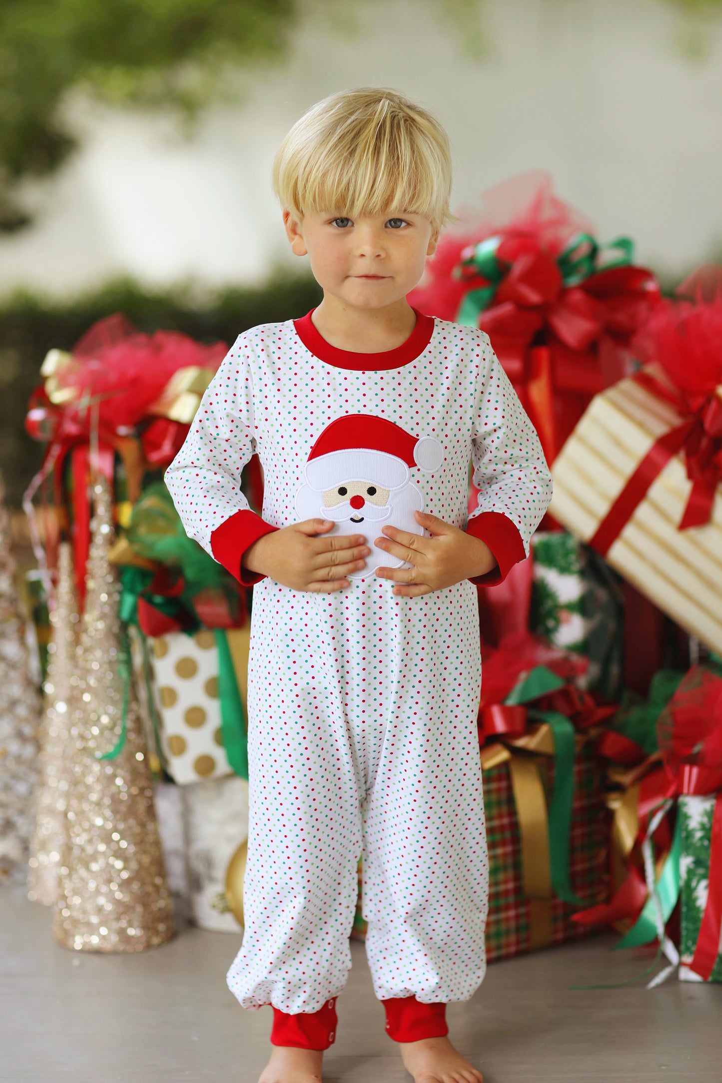 Santa Applique Red Green Bitty Dot Knit Romper