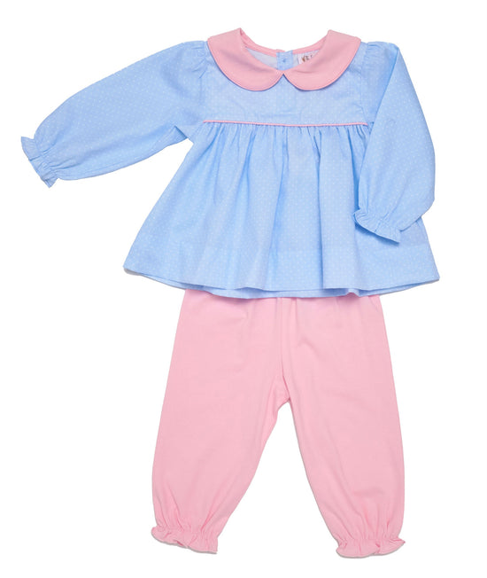 Load image into Gallery viewer, Blue Dot Pink Bubble Pant Set
