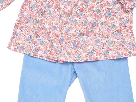 Load image into Gallery viewer, Winter Floral Smocked Neck Blue Corduroy Ruffle Pant Set
