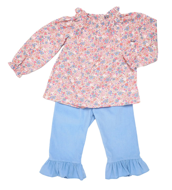 Load image into Gallery viewer, Winter Floral Smocked Neck Blue Corduroy Ruffle Pant Set
