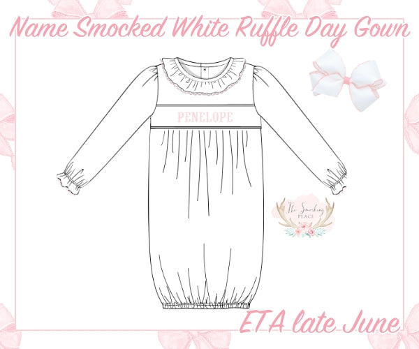 Name Smocked White Knit Pink Picot Trim Ruffle Day Gown