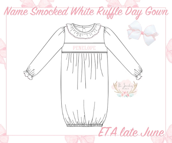 Name Smocked White Knit Pink Picot Trim Ruffle Day Gown