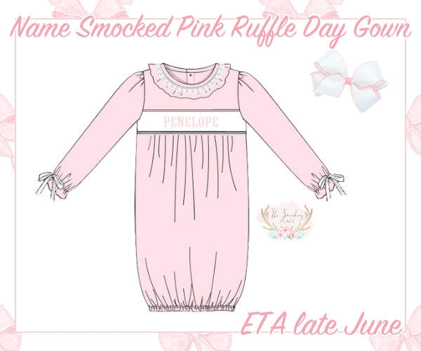 Name Smocked Pink Knit Lace Ruffle Trim Day Gown