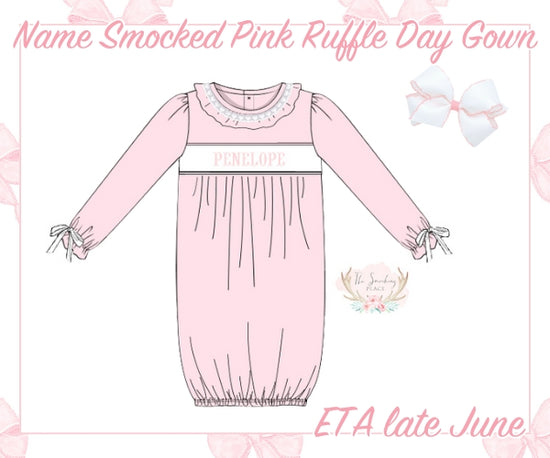 Name Smocked Pink Knit Lace Ruffle Trim Day Gown