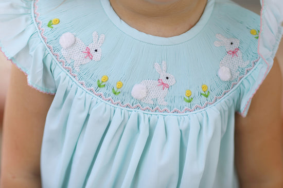 Bunny Smocked Seafoam Angel Wing Bishop Dress