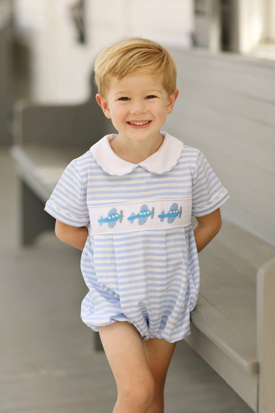 Airplane Smocked Blue Stripe Knit Bubble