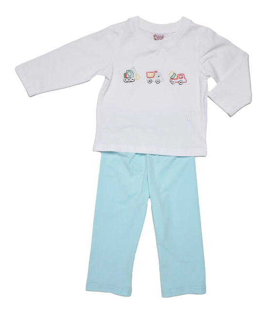 Construction Truck Embroidered Seafoam Knit Pant Set