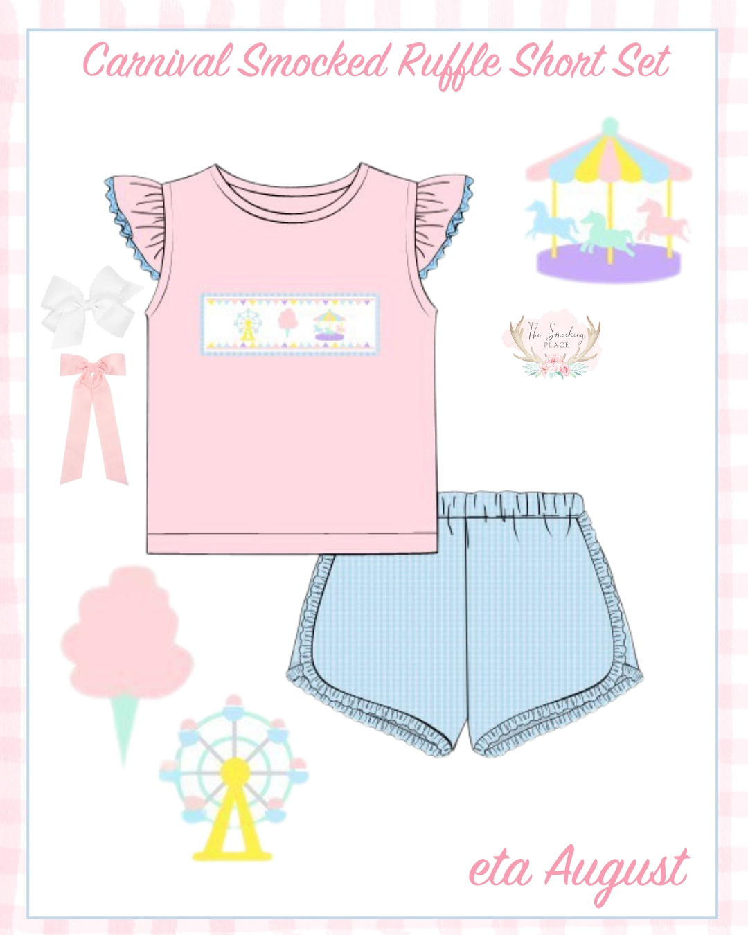 Carnival Smocked Blue Gingham Seersucker Ruffle Short Set