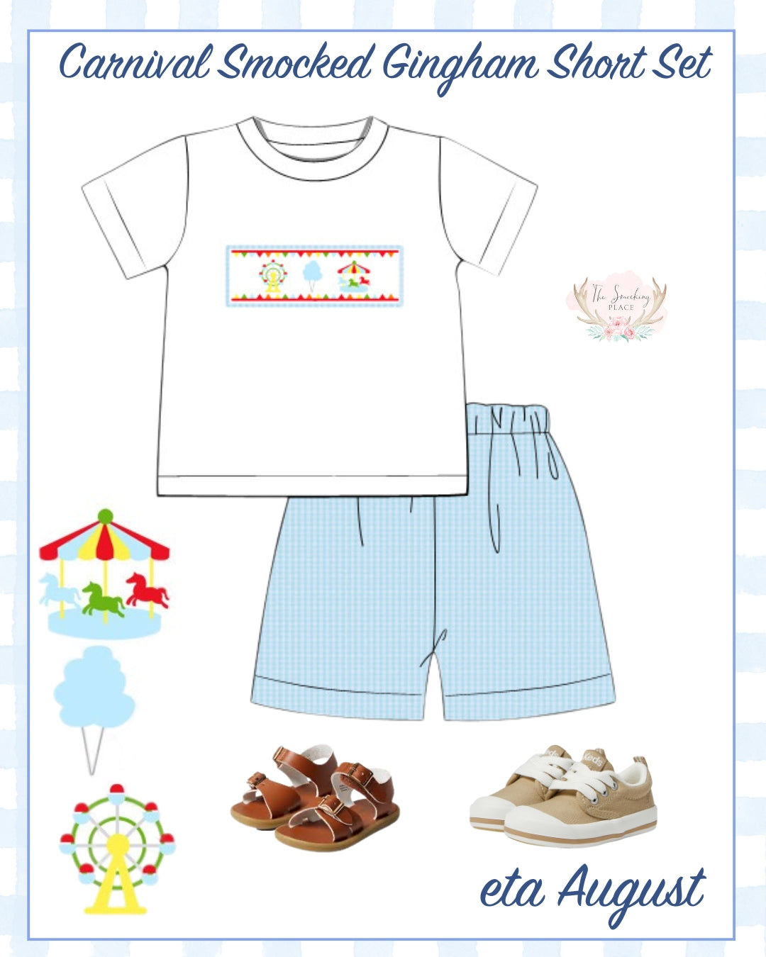 Carnival Smocked Blue Gingham Seersucker Boy Short Set