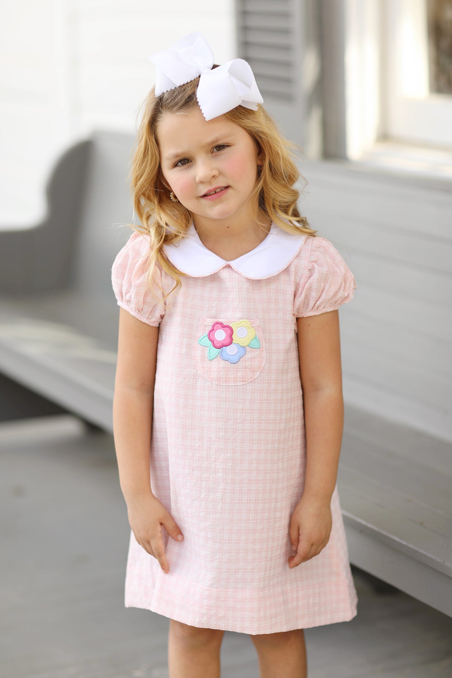 Flower Applique Pink Plaid Dress