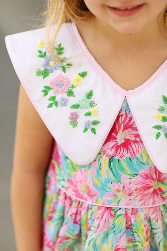 Floral Embroidered Collar Hot Pink Floral Dress