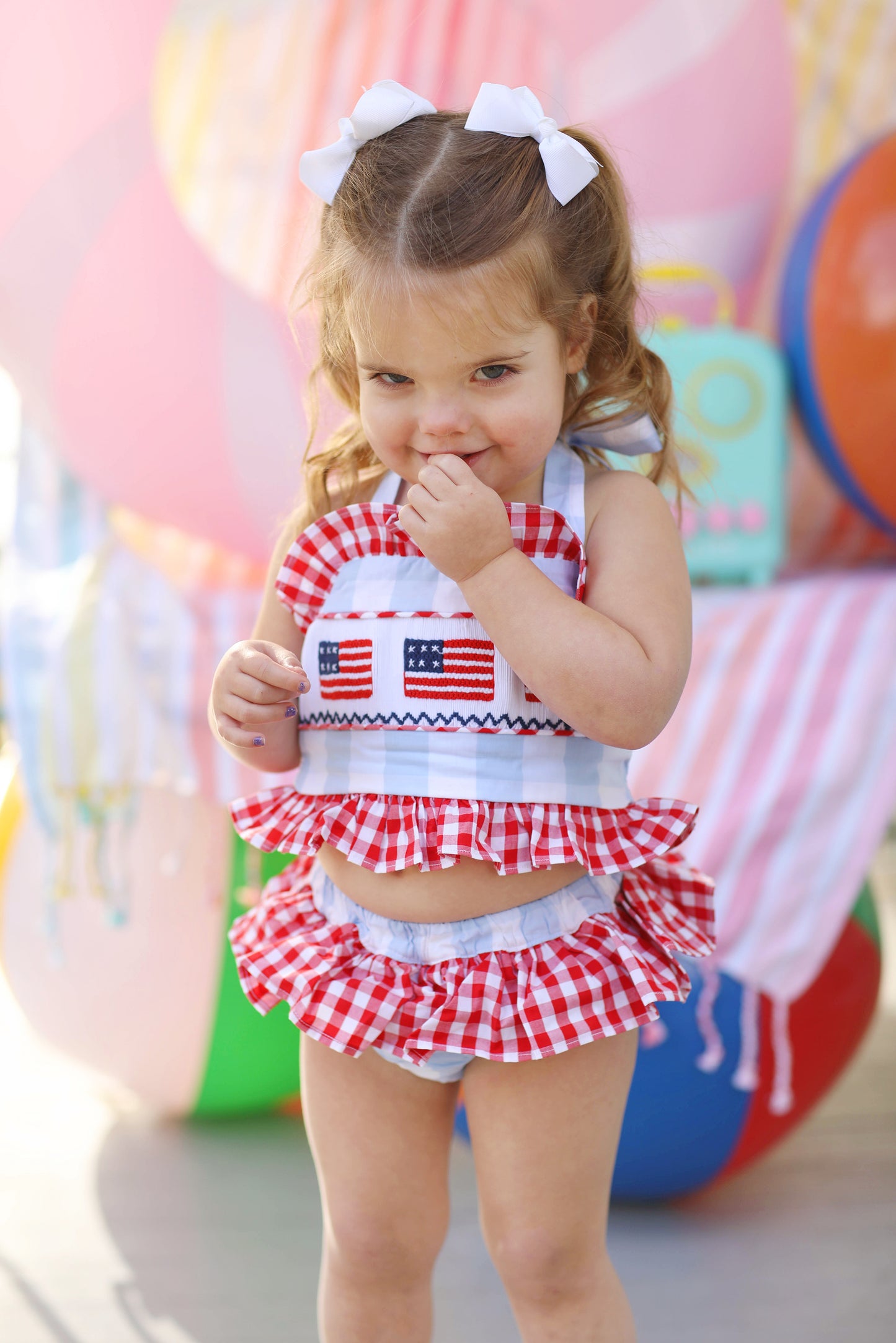 Flag Smocked Blue Buffalo Check Ruffle Two Piece Swimsuit