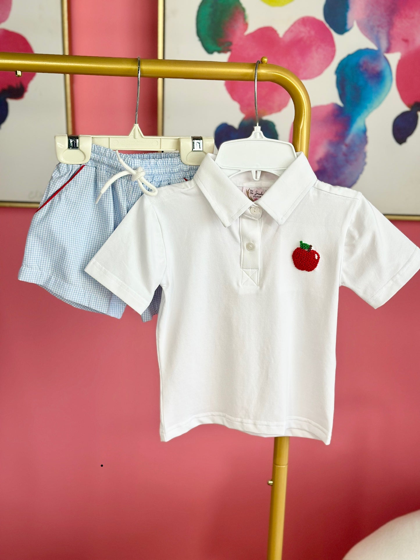 Apple French Knot Blue Gingham Collared Short Set