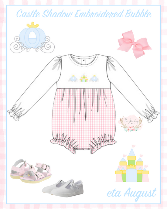 Castle Carriage Shadow Embroidered Pink Windowpane Ruffle Bubble