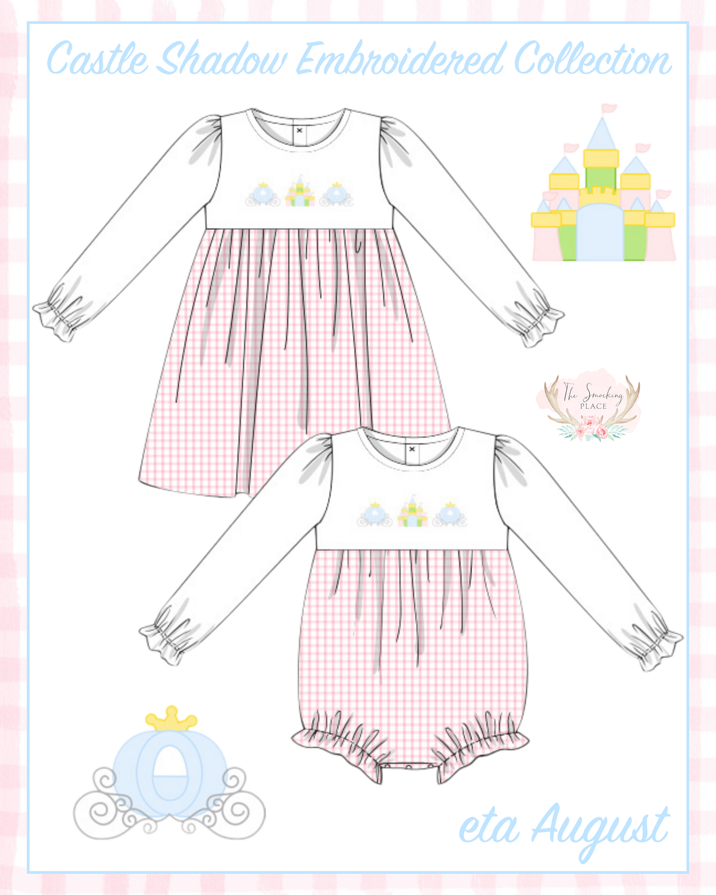 Castle Carriage Shadow Embroidered Pink Windowpane Ruffle Bubble
