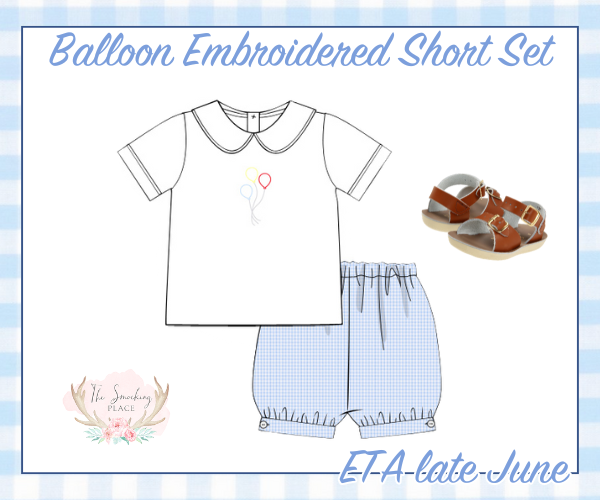 Balloons Embroidered Blue Gingham Banded Short Set
