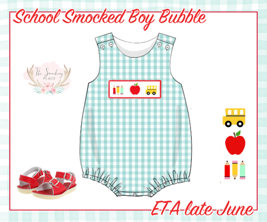 School Smocked Mint Gingham Boy Bubble